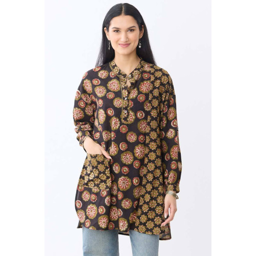 Taruni Band Collar Oversized Shirt - Black/Multi